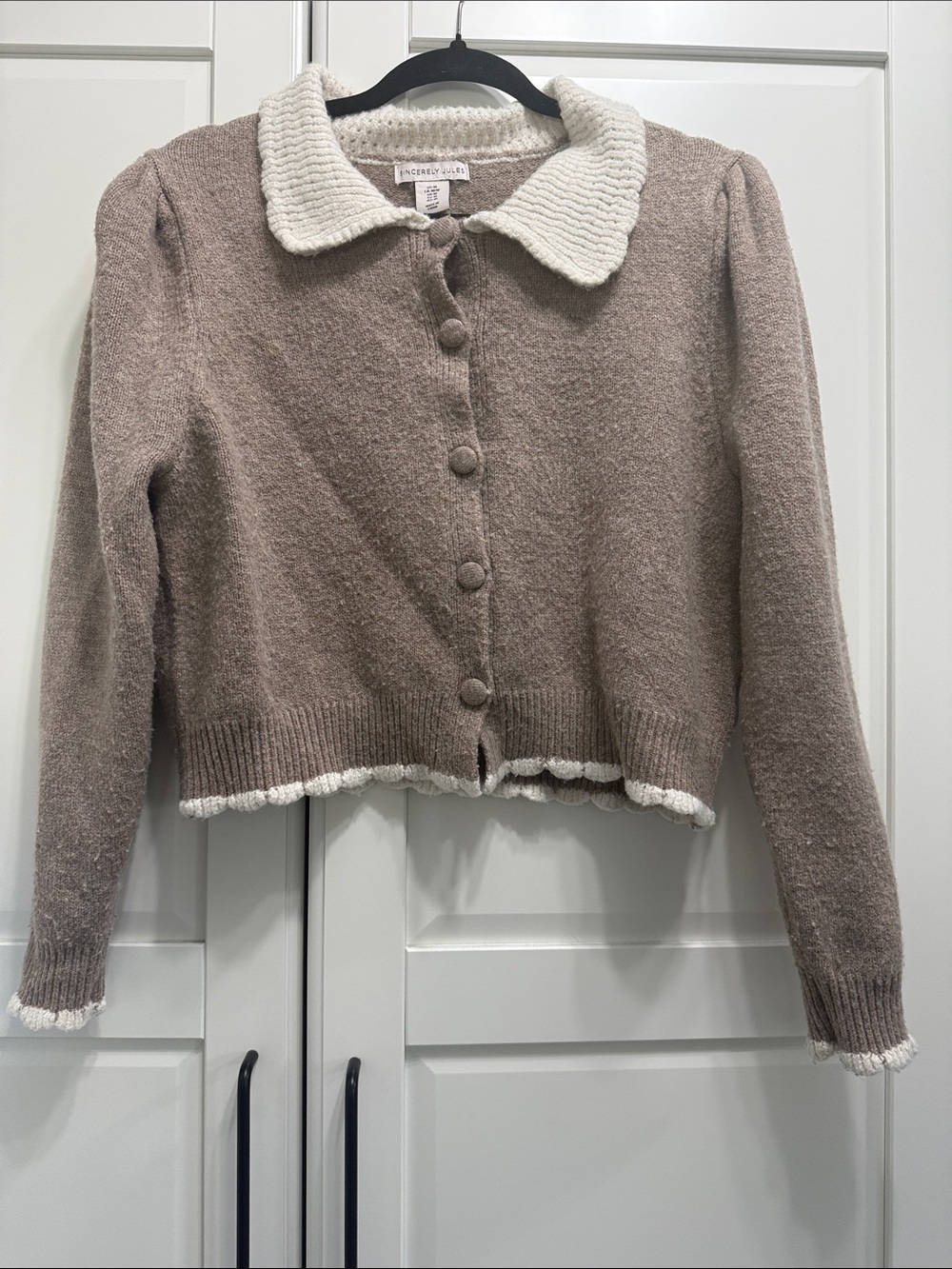 Sincerly Jules Taupe Cropped Cardigan with Cream Collar